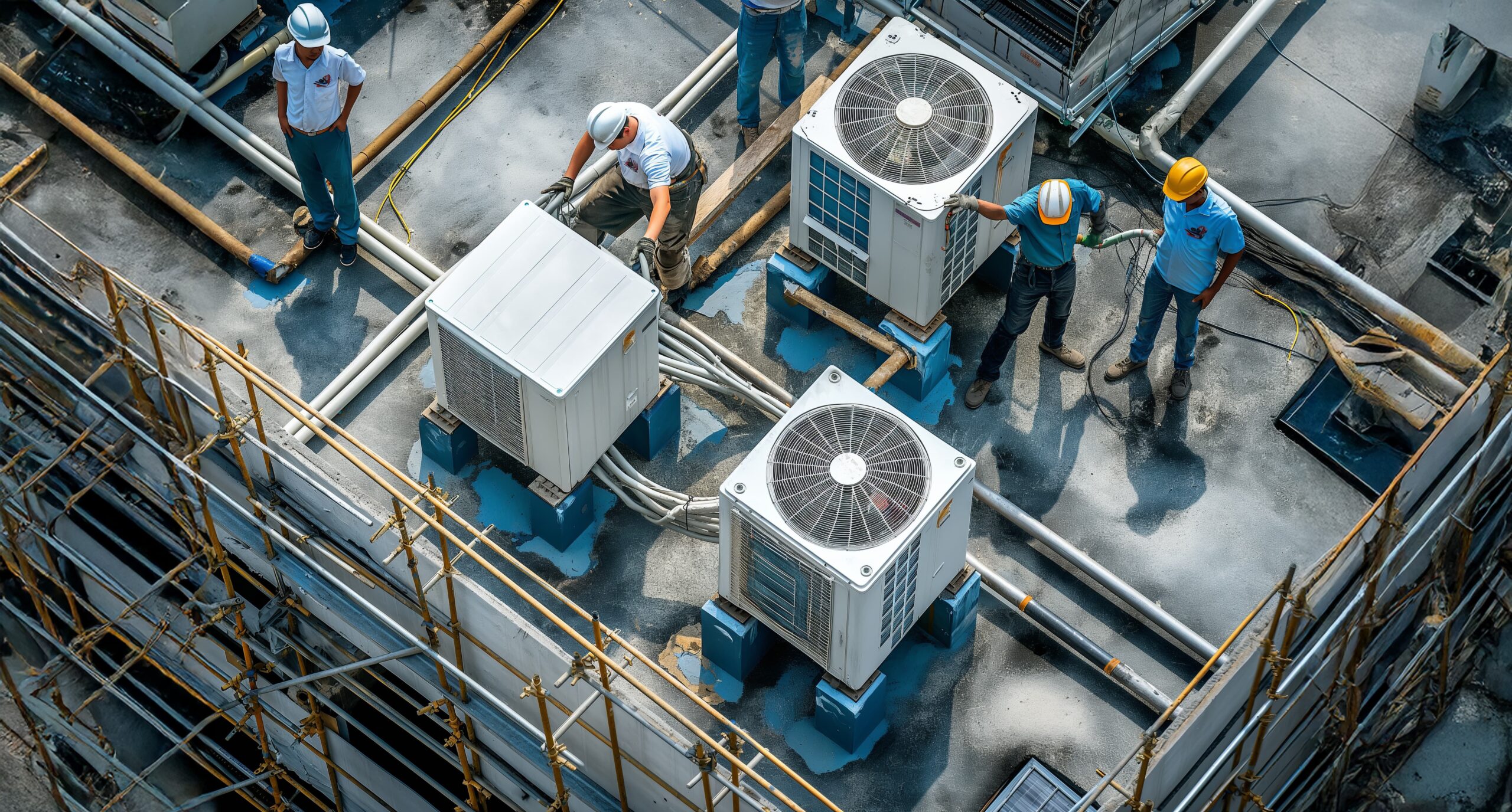 chiller air condition installation top factory with team wearing yellow vest helmets tools (1)