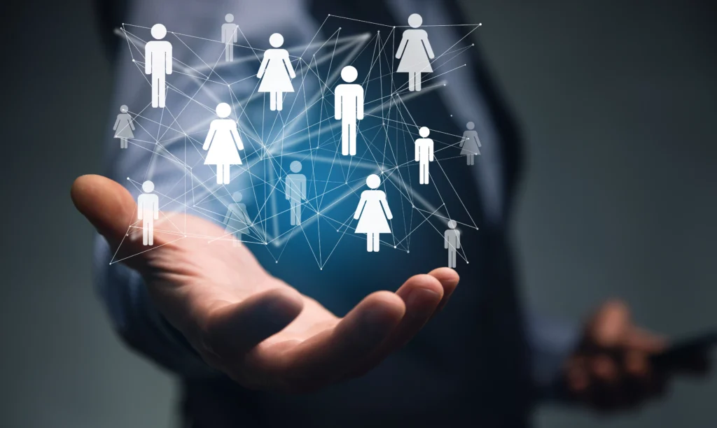 man holding phone with network world map